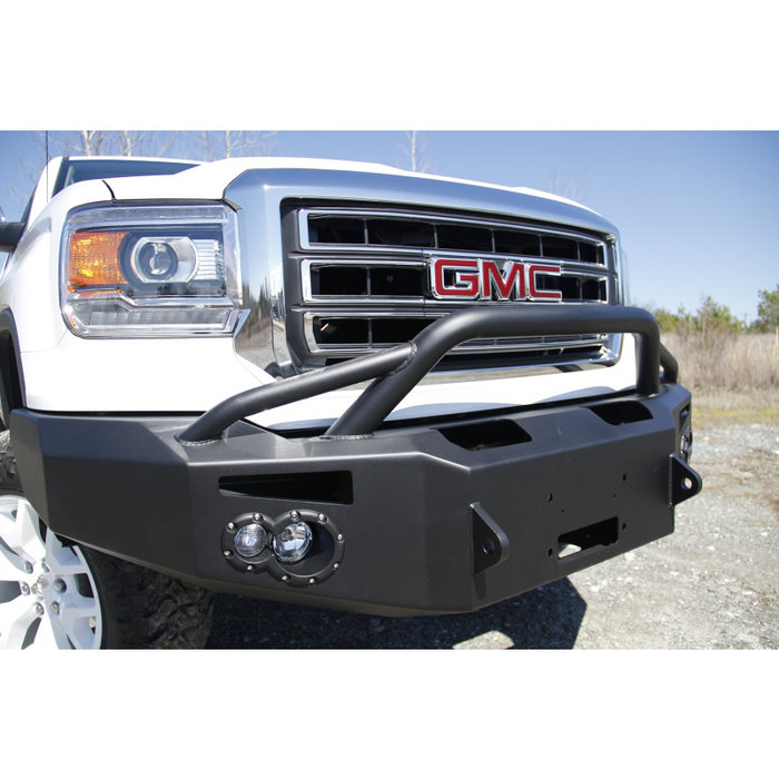 Fab Fours Premium Winch Front Bumper; 2 Stage Black Powder Coated; w/Pre-Runner Grille Guard; Incl. 90mm Fog Lamps/60mm Turn Lights; D-Ring Mounts; Model GS14-H3152-1