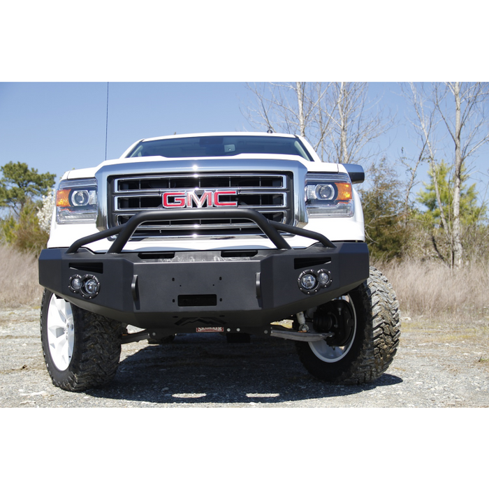 Fab Fours Premium Winch Front Bumper; 2 Stage Black Powder Coated; w/Pre-Runner Grille Guard; Incl. 90mm Fog Lamps/60mm Turn Lights; D-Ring Mounts; Model GS14-H3152-1