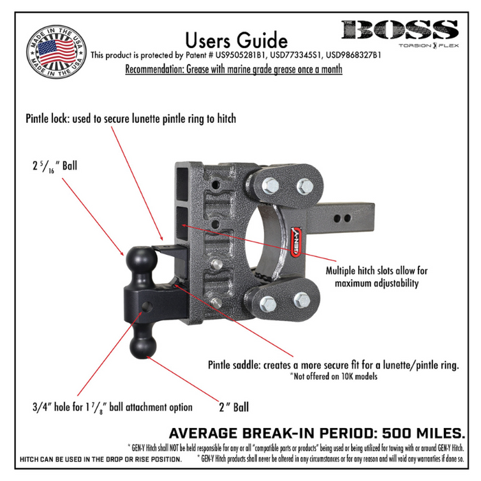 GEN-Y The BOSS TORSION-FLEX 2" Shank 7.5" Drop 1.1K TW 10K Hitch & GH-031 Dual-Ball Model GH-1015