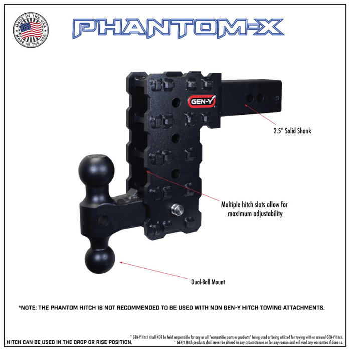 GEN-Y PHANTOM-X 2.5" Solid Shank 5" Drop 1.6K TW 16K Hitch & GH-051 Dual-Ball & GH-032 Pintle Lock Model GH-2423X