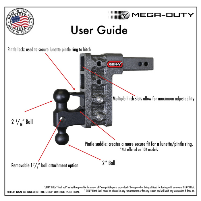 GEN-Y MEGA-DUTY 2" Shank 7.5" Drop 2K TW 16K Hitch & GH-051 Dual-Ball Model GH-514