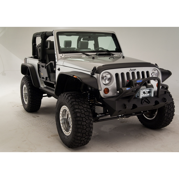 Fab Fours Hardcore Stubby Winch Front Bumper; 2 Stage Black Powder Coated; w/o Grille Guard; Incl. Winch Mount/1 in. D-Ring Mount; Model JK07-B1854-1