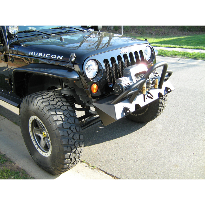 Fab Fours Hardcore Stubby Winch Front Bumper; 2 Stage Black Powder Coated; w/o Grille Guard; Incl. Winch Mount/1 in. D-Ring Mount; Model JK07-B1854-1
