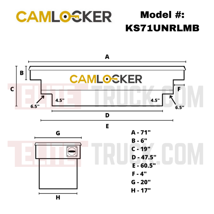 CamLocker King Size Crossover Tool Box 71 Inch Standard Profile Deep Notched Matte Black Aluminum With Rail Model KS71UNRLMB