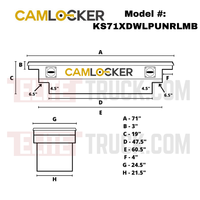 CamLocker King Size Crossover Tool Box 71 Inch Deep & Wide Low Profile Notched Matte Black With Rail Model KS71XDWLPUNRLMB