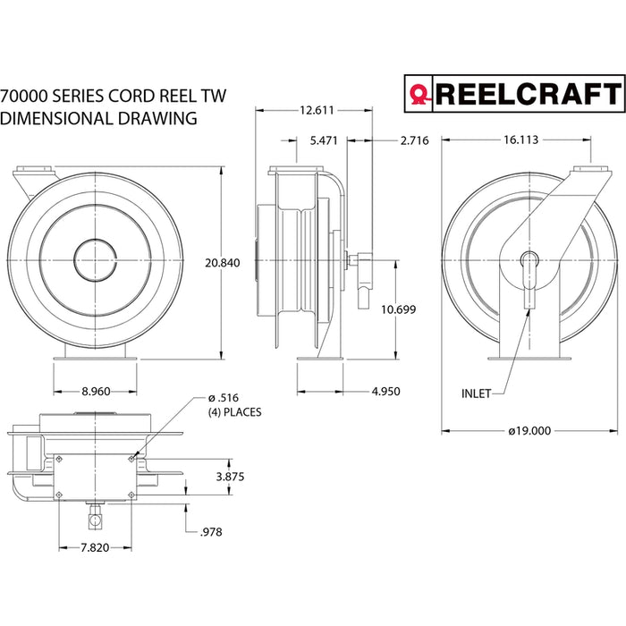 ReelCraft Series L 70000 12/3 100 ft. Heavy Duty Single Receptacle Power Cord Reel Model L701001233A