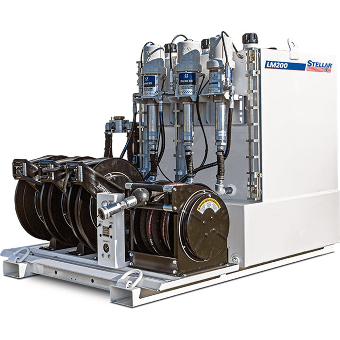 Stellar LM200 LubeMate Mobile Mount Lube Skid Steel Triple 40-Gal New Oil Tanks, Single 80-Gal Salvage Oil Tank, 35LB Grease Kit & 8 HP Compressor - 47.5″W x 46″T x 39″D Model 110504