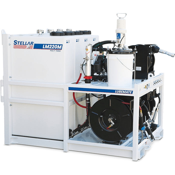 Stellar LM220 LubeMate Poly Tank Mobile Mount Lube Skid Quad 55-Gal Poly Tanks, Antifreeze Reel & 35LB Grease Kit - 46″W x 61″T x 68″D Model 110792