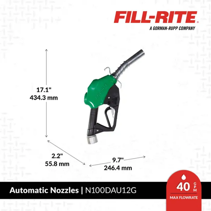 Fill-Rite 1" Automatic Diesel Spout Nozzle Assembly Green Cover Model N100DAU12G