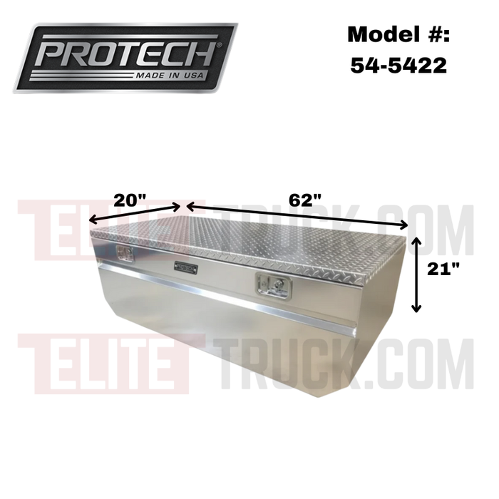Protech Chest Tool Box - 21X20X62, 20+ Chevy HD 5.5'Bed, Notched Diamond Plate Lid Bright Aluminum Includes Tray Model 54-5422