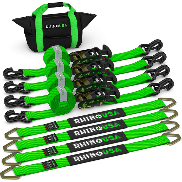 Rhino USA 2In X 8Ft Heavy Duty Vehicle Tie-Down Kit (J-Hook) Green Model 2IN-HDKIT-GRN
