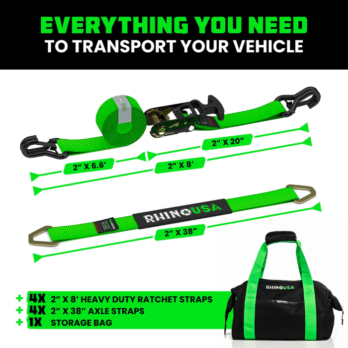 Rhino USA 2In X 8Ft Heavy Duty Vehicle Tie-Down Kit (J-Hook) Green Model 2IN-HDKIT-GRN
