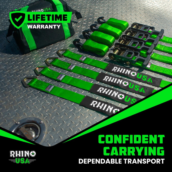 Rhino USA 2In X 8Ft Heavy Duty Vehicle Tie-Down Kit (J-Hook) Green Model 2IN-HDKIT-GRN