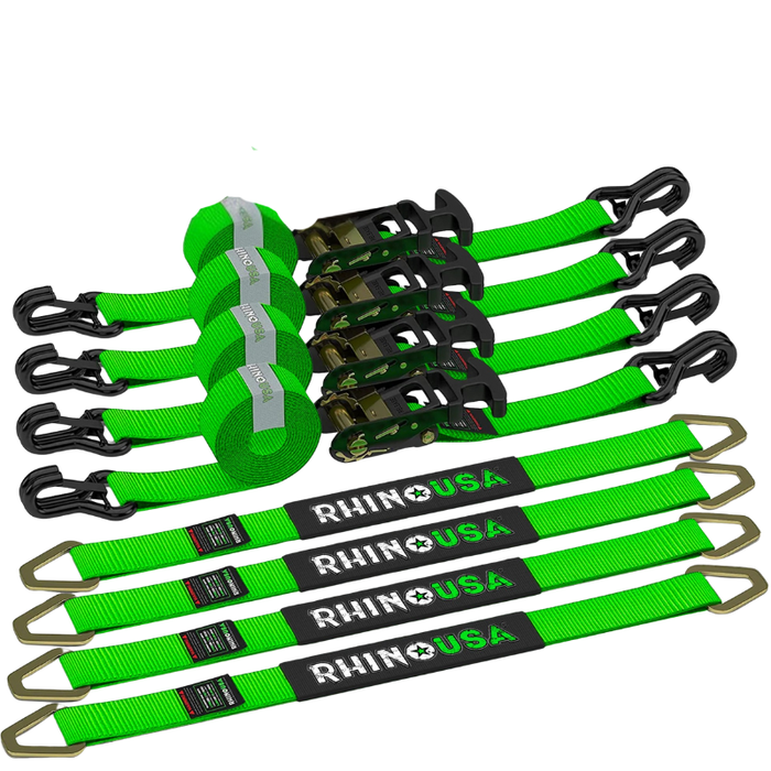Rhino USA 2In X 8Ft Heavy Duty Vehicle Tie-Down Kit (J-Hook) Green Model 2IN-HDKIT-GRN