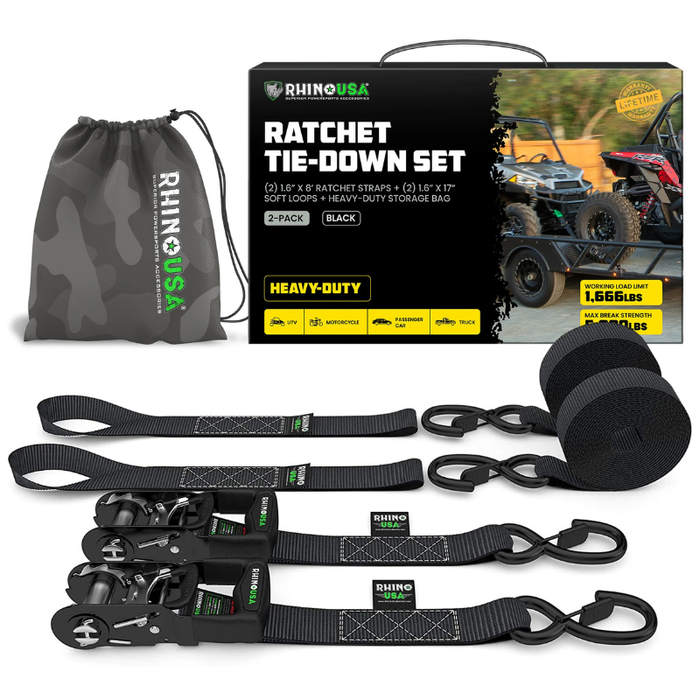 Rhino USA 1.6In X 8Ft Heavy Duty Ratchet Tie-Down Set (2-Pack) Model GRLA-TDWN-SET