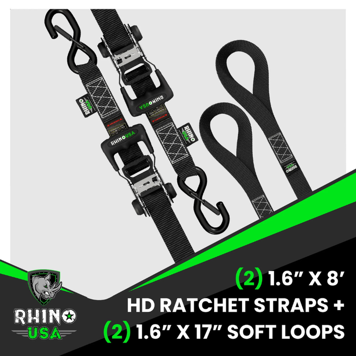 Rhino USA 1.6In X 8Ft Heavy Duty Ratchet Tie-Down Set (2-Pack) Model GRLA-TDWN-SET
