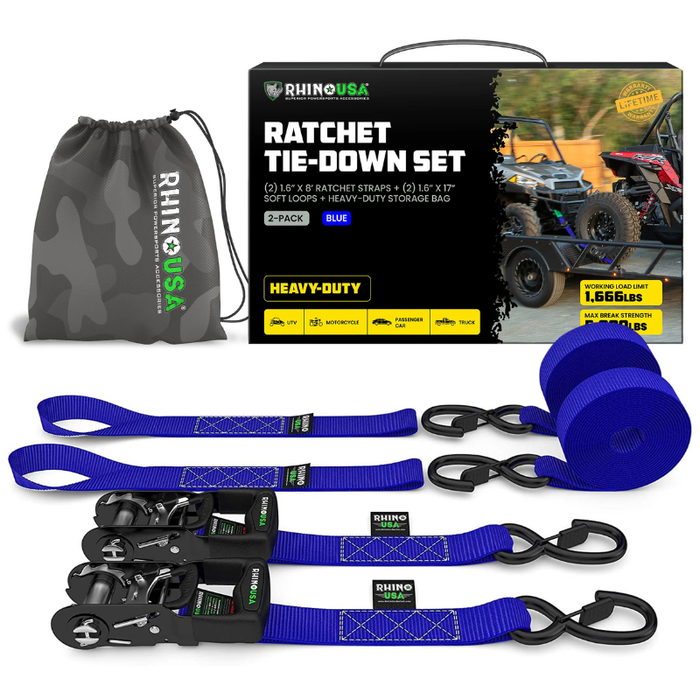 Rhino USA 1.6In X 8Ft Heavy Duty Ratched Tie-Down Set 2 Pack Blue Model HDKIT-2PK-BLU