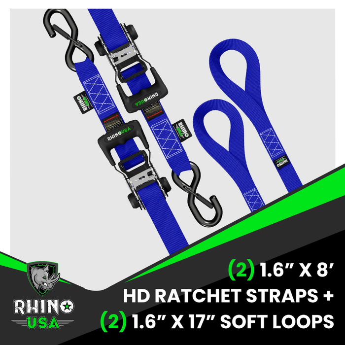 Rhino USA 1.6In X 8Ft Heavy Duty Ratched Tie-Down Set 2 Pack Blue Model HDKIT-2PK-BLU