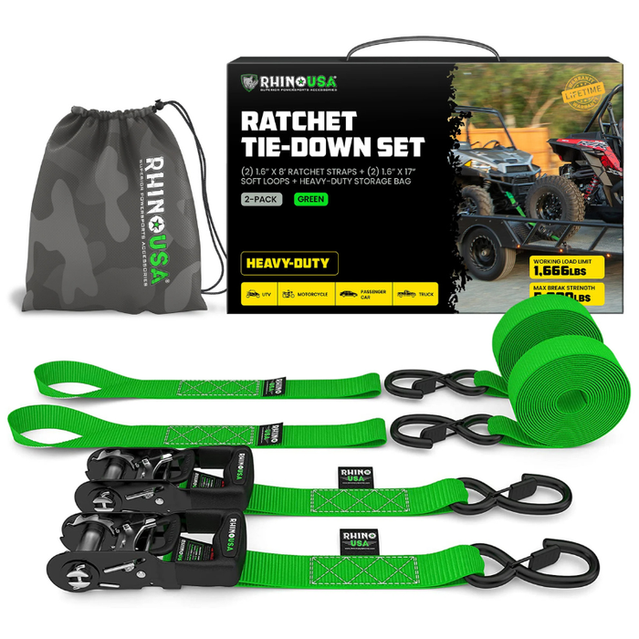 Rhino USA 1.6In X 8Ft Heavy Duty Ratchet Tie-Down Set (2-Pack Green) Model HDKIT-2PK-GRN