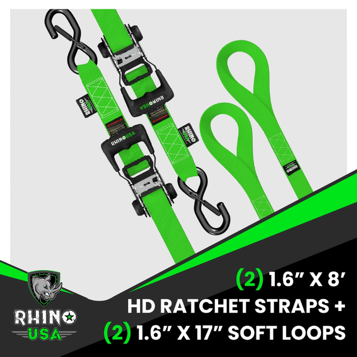 Rhino USA 1.6In X 8Ft Heavy Duty Ratchet Tie-Down Set (2-Pack Green) Model HDKIT-2PK-GRN