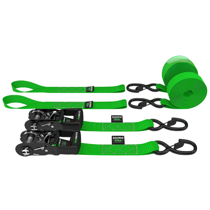 Rhino USA 1.6In X 8Ft Heavy Duty Ratchet Tie-Down Set (2-Pack Green) Model HDKIT-2PK-GRN