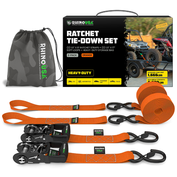 Rhino USA 1.6In X 8Ft Heavy Duty Ratchet Tie-Down Set 2 Pack Orange Model HDKIT-2PK-ORG