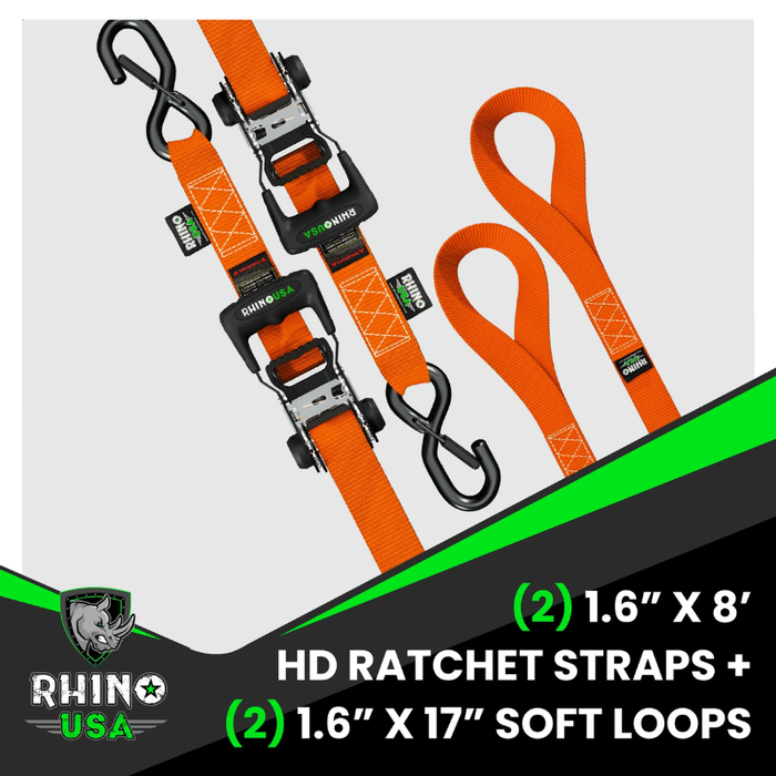 Rhino USA 1.6In X 8Ft Heavy Duty Ratchet Tie-Down Set 2 Pack Orange Model HDKIT-2PK-ORG