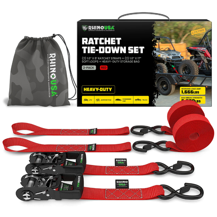 Rhino USA 1.6In X 8Ft Heavy Duty Ratchet Tie-Down Set 2 Pack Red Model HDKIT-2PK-RED