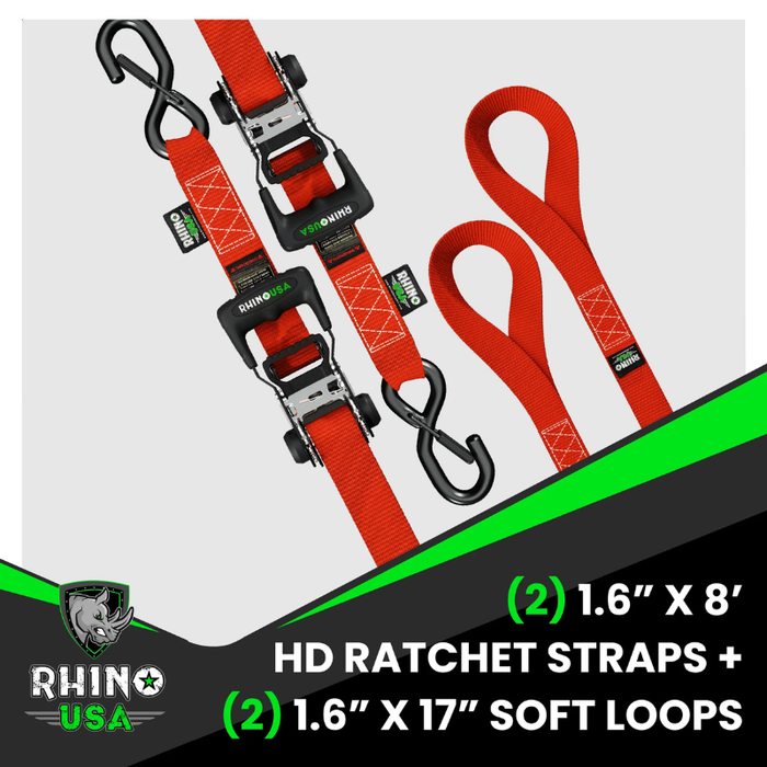 Rhino USA 1.6In X 8Ft Heavy Duty Ratchet Tie-Down Set 2 Pack Red Model HDKIT-2PK-RED