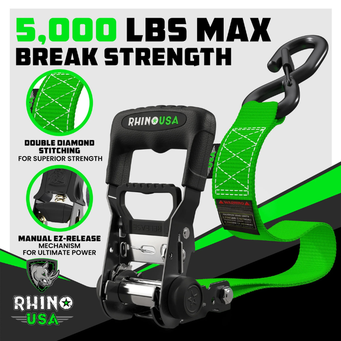 Rhino USA 1.6In X 8Ft Heavy Duty Ratchet Tie-Down (4-Pack) Green Model HDKIT-4PK-GRN