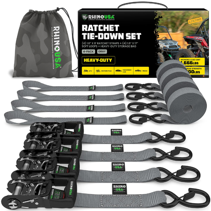 Rhino USA 1.6In X 8Ft Heavy Duty Ratchet Tie-Down Set (4 Pack) Gray Model HDKIT-4PK-GRY