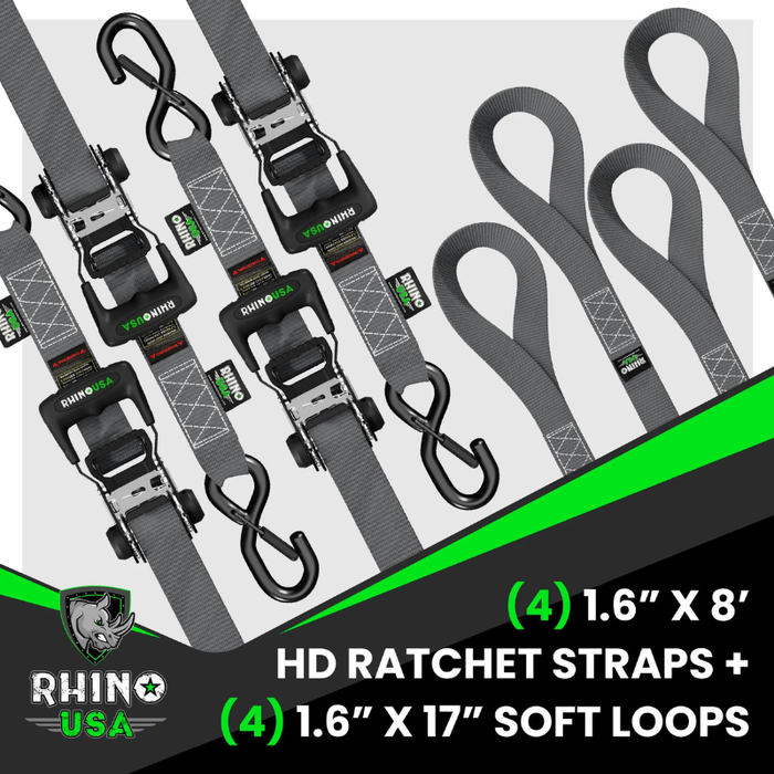 Rhino USA 1.6In X 8Ft Heavy Duty Ratchet Tie-Down Set (4 Pack) Gray Model HDKIT-4PK-GRY
