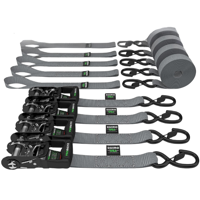 Rhino USA 1.6In X 8Ft Heavy Duty Ratchet Tie-Down Set (4 Pack) Gray Model HDKIT-4PK-GRY