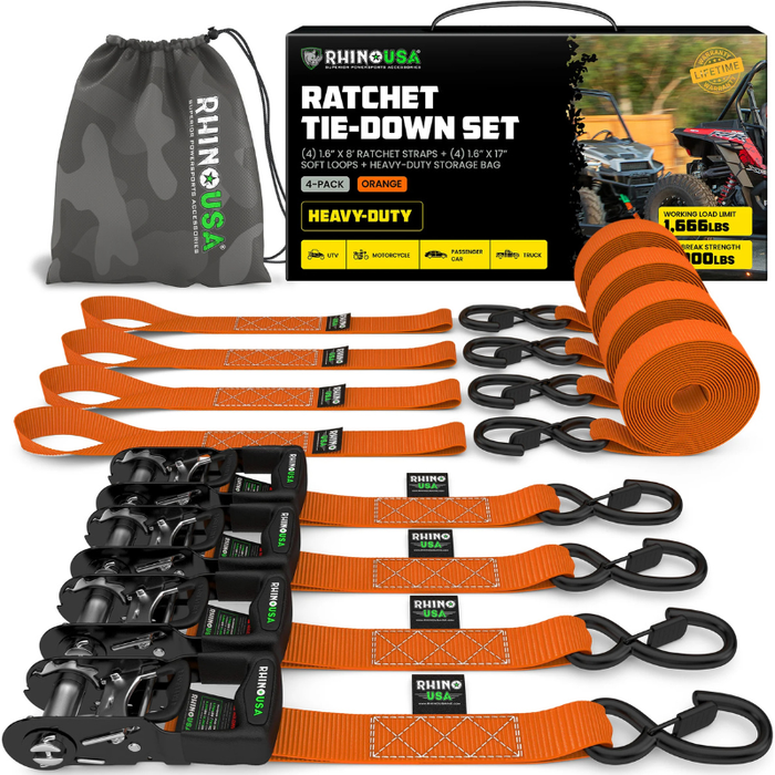 Rhino USA 1.6In X 8Ft Heavy Duty Ratchet Tie-Down (4-Pack) Orange Model HDKIT-4PK-ORG