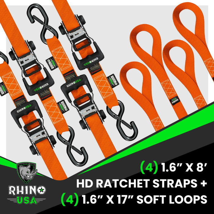 Rhino USA 1.6In X 8Ft Heavy Duty Ratchet Tie-Down (4-Pack) Orange Model HDKIT-4PK-ORG