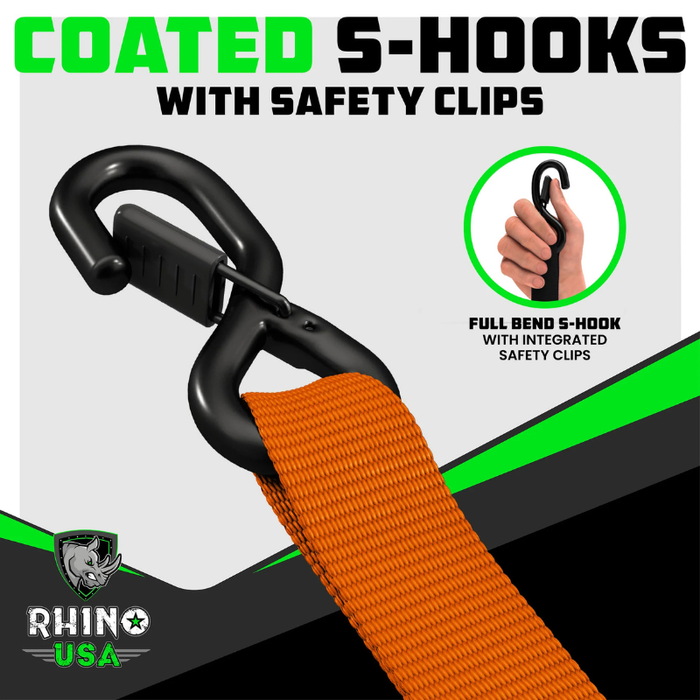 Rhino USA 1.6In X 8Ft Heavy Duty Ratchet Tie-Down (4-Pack) Orange Model HDKIT-4PK-ORG