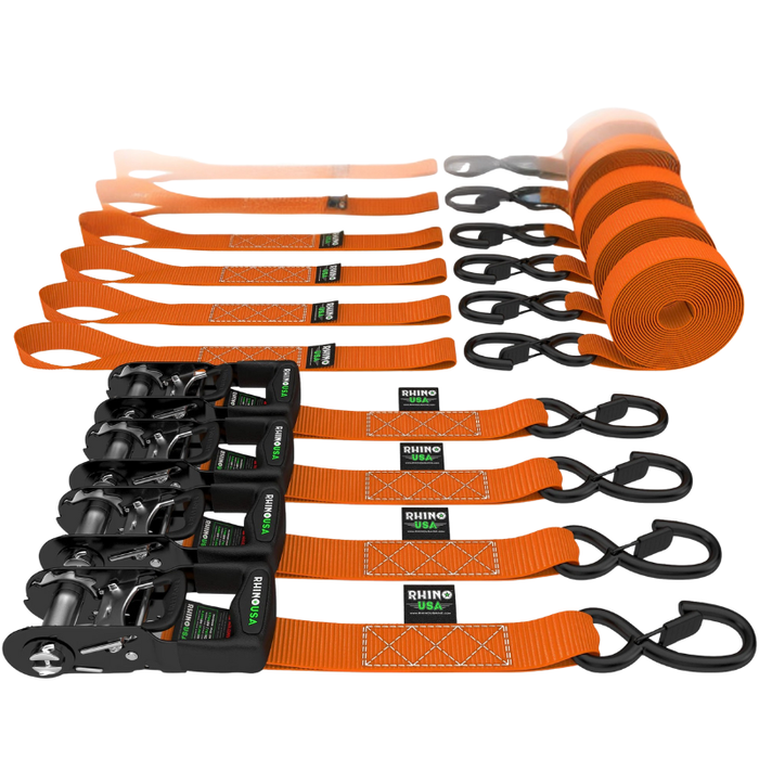 Rhino USA 1.6In X 8Ft Heavy Duty Ratchet Tie-Down (4-Pack) Orange Model HDKIT-4PK-ORG