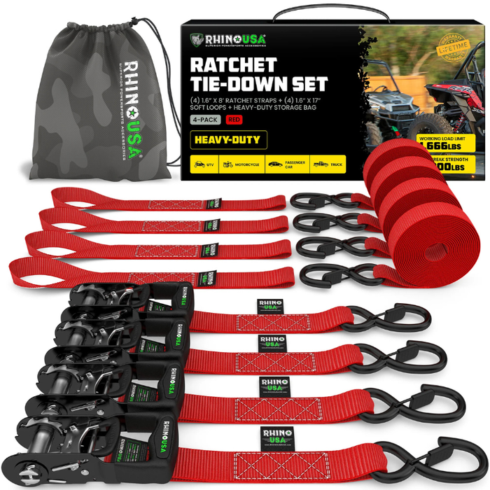 Rhino USA 1.6In X 8Ft Heavy Duty Ratchet Tie-Down Set (4 Pack) Red Model HDKIT-4PK-RED