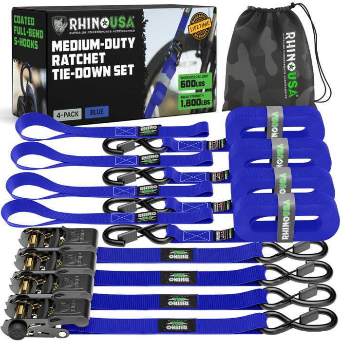 Rhino USA Medium Duty Ratchet Strap Tie-Down 1In X 15Ft (4-Pack) Blue Model RCHT-4PACK-BLU