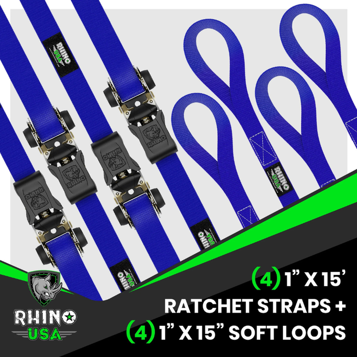 Rhino USA Medium Duty Ratchet Strap Tie-Down 1In X 15Ft (4-Pack) Blue Model RCHT-4PACK-BLU
