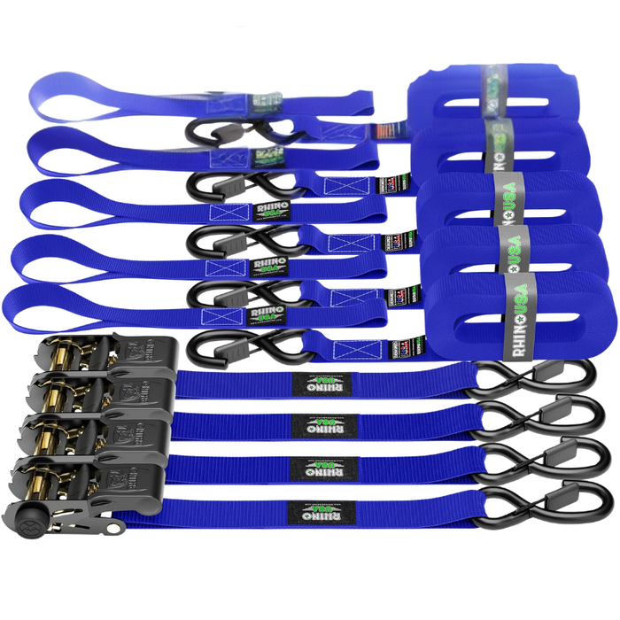 Rhino USA Medium Duty Ratchet Strap Tie-Down 1In X 15Ft (4-Pack) Blue Model RCHT-4PACK-BLU