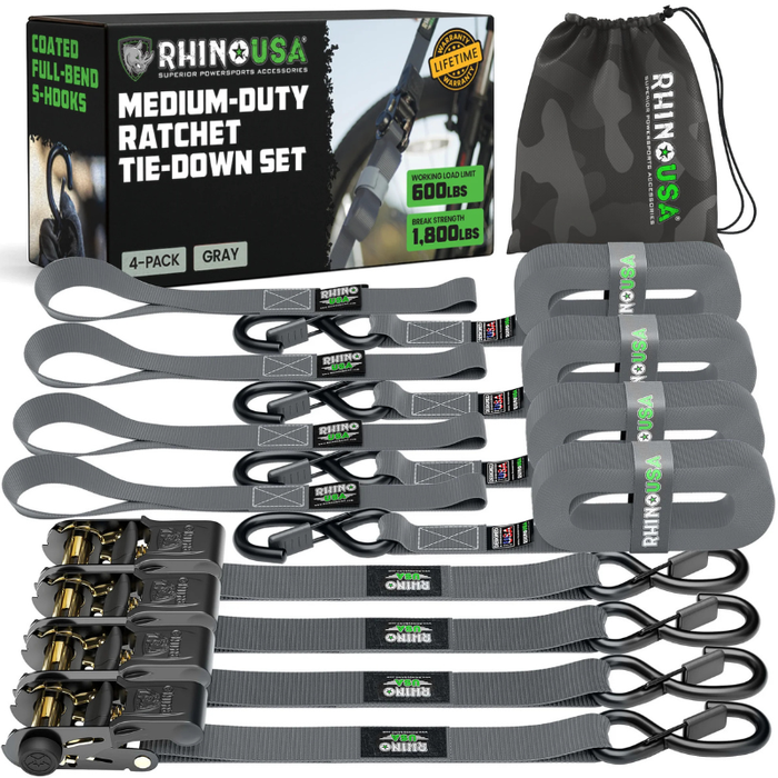 Rhino USA 1In X 15Ft Ratchet Tie-Down Set (4-Pack Gray) Model RCHT-4PACK-GRY