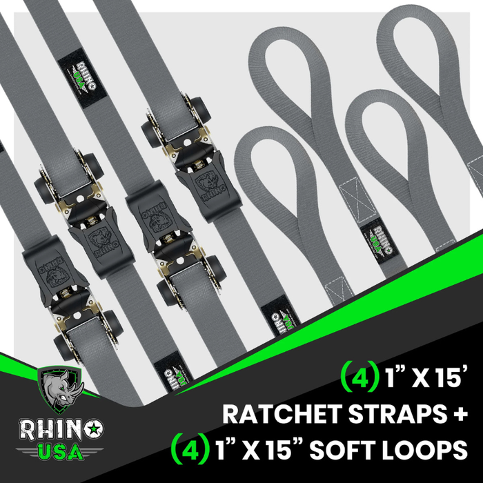Rhino USA 1In X 15Ft Ratchet Tie-Down Set (4-Pack Gray) Model RCHT-4PACK-GRY