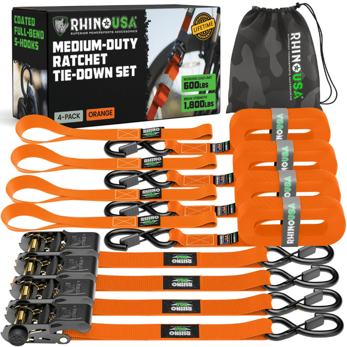 Rhino USA Medium Duty Ratchet Strap Tie-Down 1In X 15Ft (4-Pack) Orange Model RCHT-4PACK-ORG