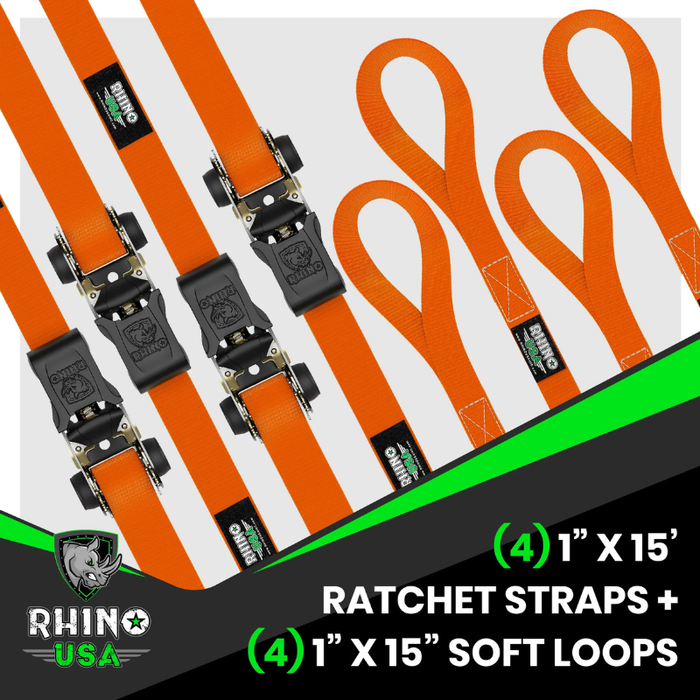 Rhino USA Medium Duty Ratchet Strap Tie-Down 1In X 15Ft (4-Pack) Orange Model RCHT-4PACK-ORG