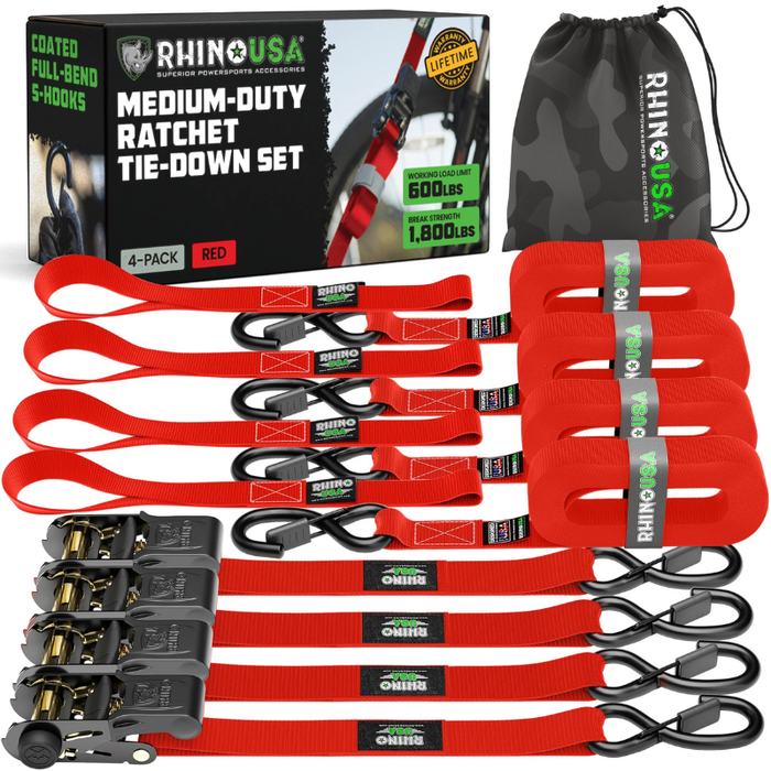 Rhino USA Medium Duty Ratchet Strap Tie-Down 1In X 15Ft (4-Pack) Red Model RCHT-4PACK-RED