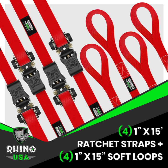 Rhino USA Medium Duty Ratchet Strap Tie-Down 1In X 15Ft (4-Pack) Red Model RCHT-4PACK-RED