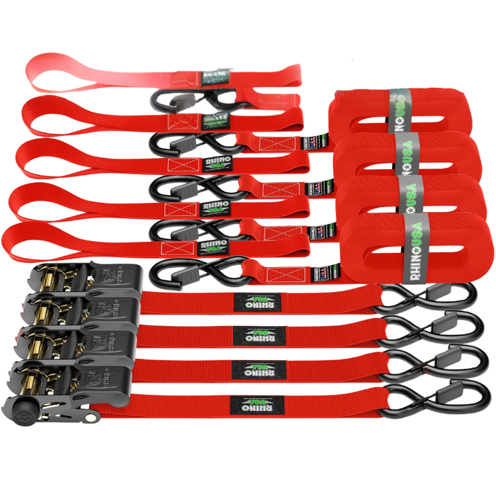 Rhino USA Medium Duty Ratchet Strap Tie-Down 1In X 15Ft (4-Pack) Red Model RCHT-4PACK-RED