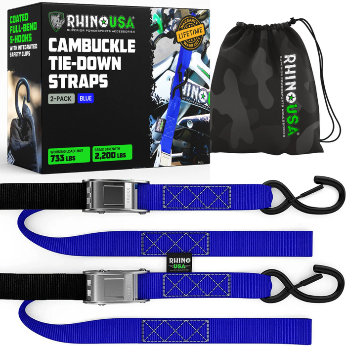 Rhino USA 1.5In X 8Ft Cambuckle Motorcycle Tie-Down Straps (2-Pack) Blue Model RNO-CAMSOFT-BLU