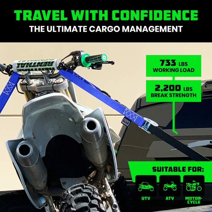 Rhino USA 1.5In X 8Ft Cambuckle Motorcycle Tie-Down Straps (2-Pack) Blue Model RNO-CAMSOFT-BLU